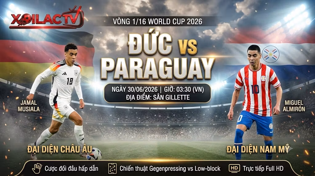 Nhận định Đức vs Paraguay vòng 1/16 World Cup 2026 - Phân tích chiến thuật trực tiếp bóng đá cùng Xoilac TV.